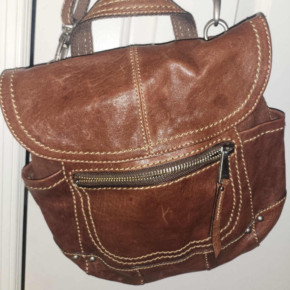 Fossil Tan Leather Crossbody Bag with Stitching
